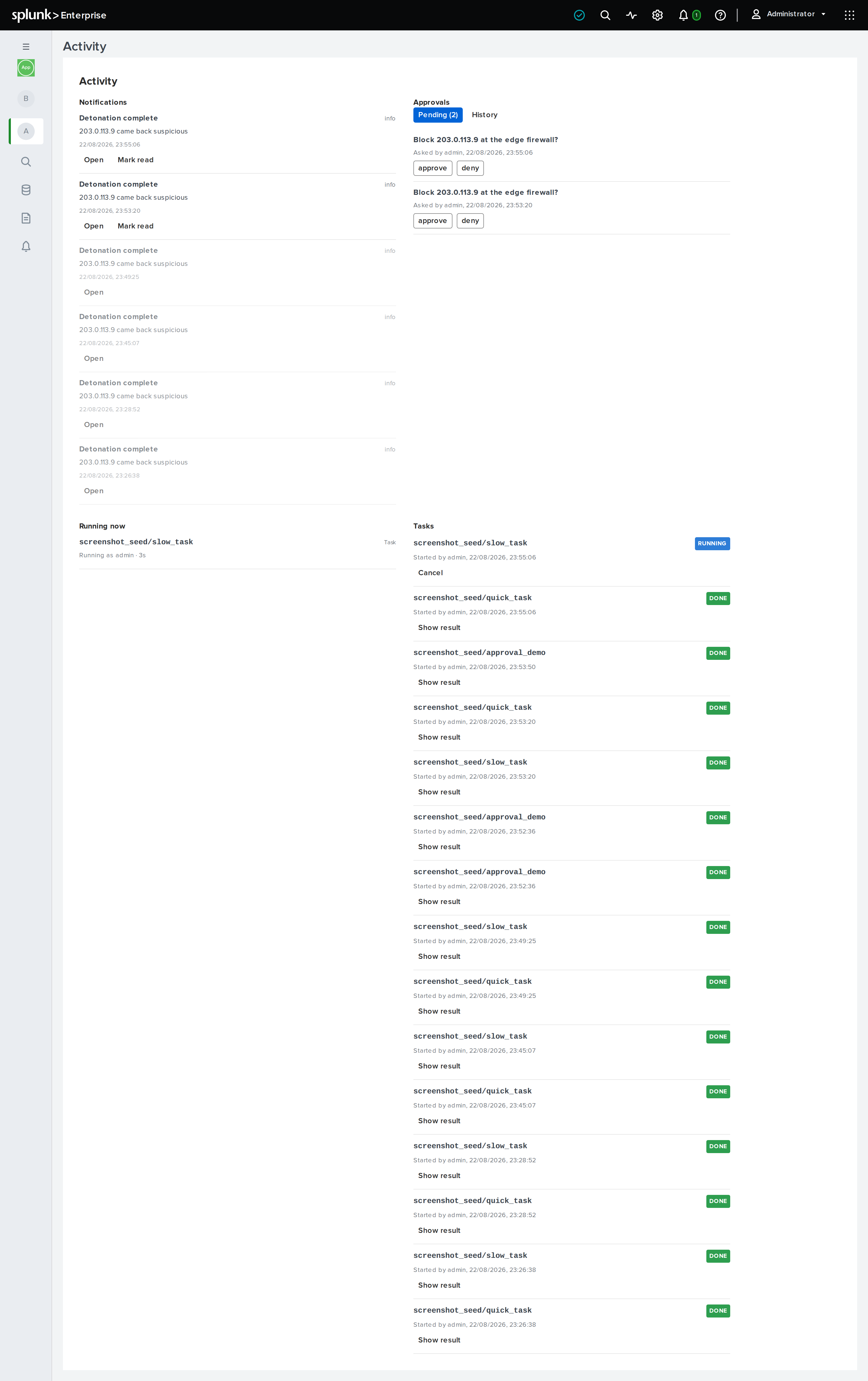 Notifications, a pending approval, a running task and its already-finished sibling