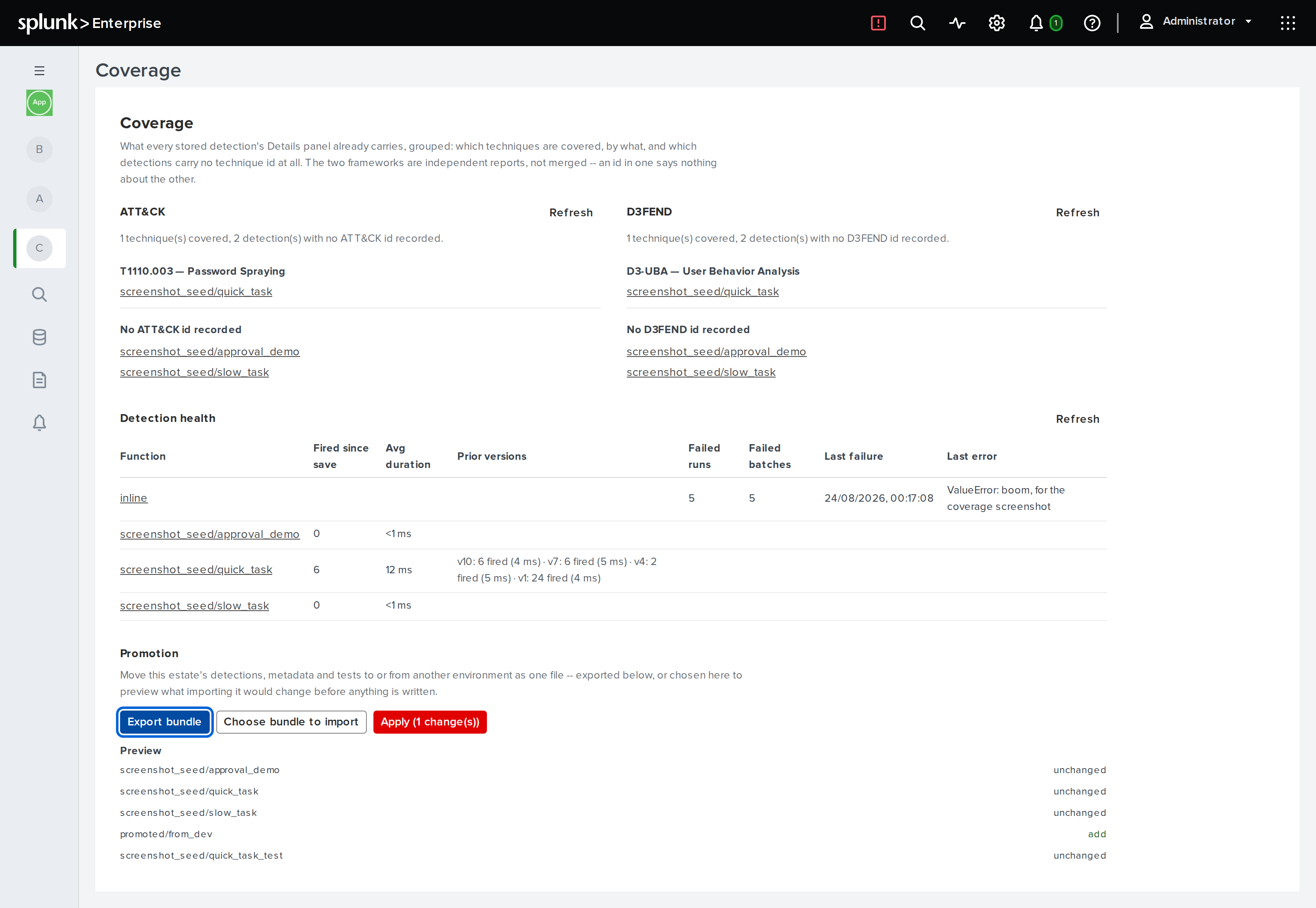 Previewing an imported bundle: one new detection to add, everything else already identical