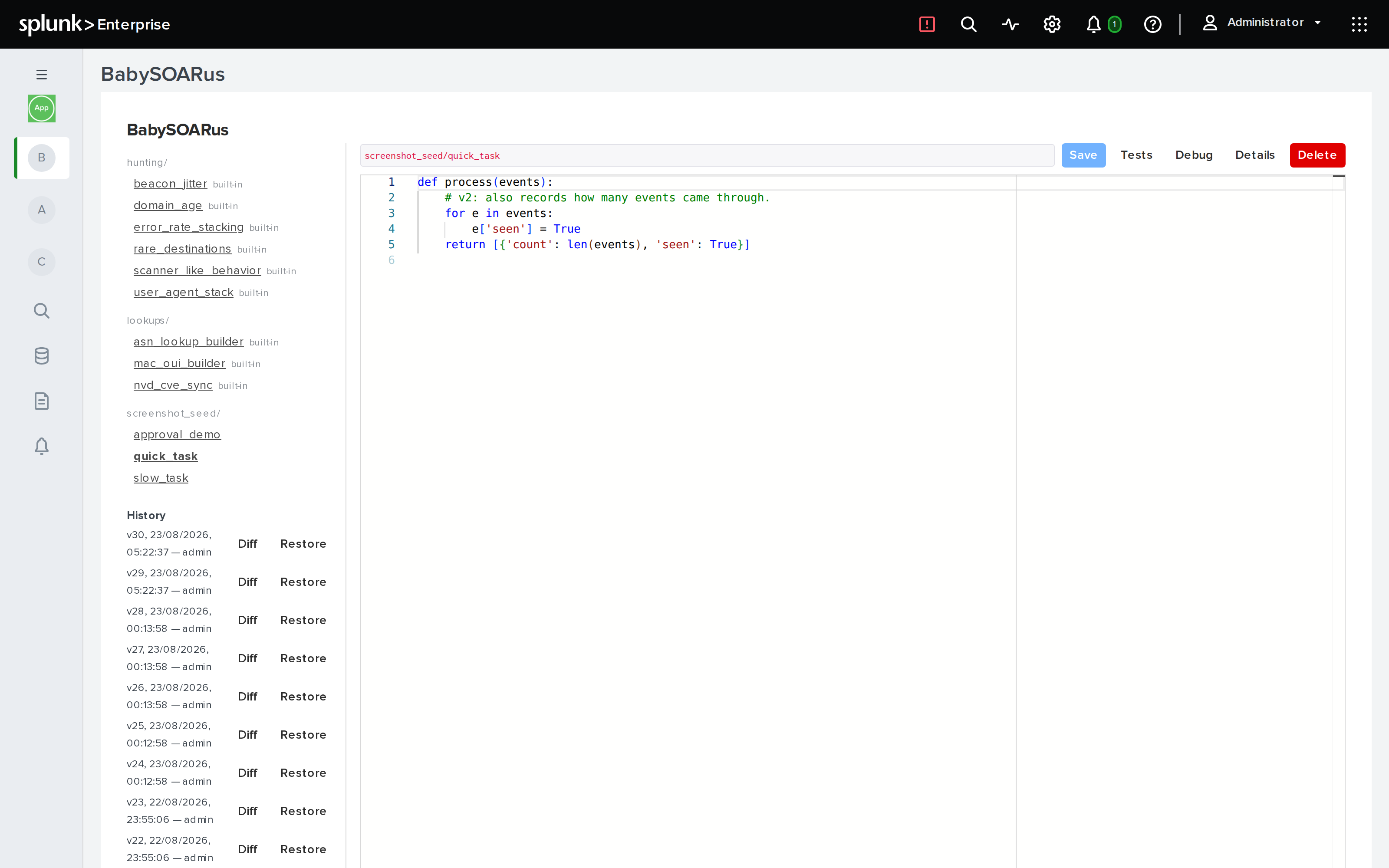 The file tree, code pane and version history